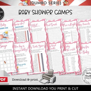 Instant Download Baby Dumbo Baby Shower Games Baby Bingo The Price is Right Guess Who ABC Word Search  Wishes Animals Traits Elephant DCHM