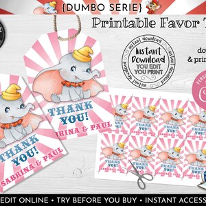 Editable Dumbo Favor Tags Baby Girl Dumbo Gift Tag Instant Download Dumbo Pink Tags Dumbo Baby Shower Favor tag Dumbo Party Supplies DCHM