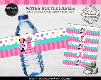 Minnie First Birthday Water Bottle Labels Printable Minnie Birthday Party Supplies 1st Birthday Party Decorations Instant download FTB1