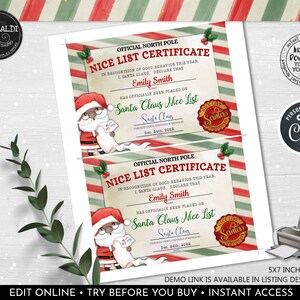 Editable Santa Claus Official Nice List Certificate Personalised Letter ...