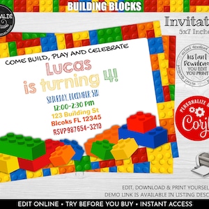 Editable Building Blocks Invitation Building Blocks Printable Invite Building Bricks Birthday Party Supplies Building Blocks Invite 1 BKBC