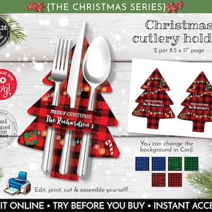 Printable Christmas Silverware Holders Christmas Tree Cutlery Holder Holiday Dining Table Decorations Christmas Flatware Holder CTH CH