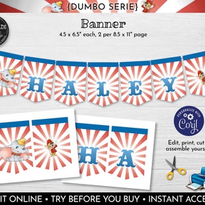 Editable Dumbo Pennant Banner, Printable Dumbo Banner, Circus Dumbo Banner, Dumbo Birthday banner, Instant download Dumbo Circus Banner DCHM
