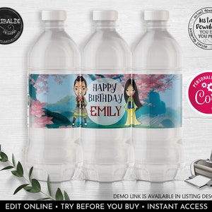 Editable Mulan Water Bottle Labels Instant Download Mulan Bottle Labels Princess Chinese Printable Decorations Birthday Party Supplies DML