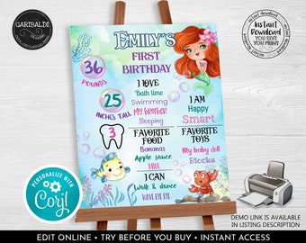 Editable Little Mermaid Milestone Board Printable Mermaid Birthday Party Decor Under the sea Table Sign Our Little Mermaid Party Poster LM