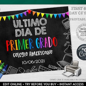 Editable Ultimo día de escuela Instant download Last Day of School Chalkboard Sign Printable Out of School Photo Prop Poster L1 BKS