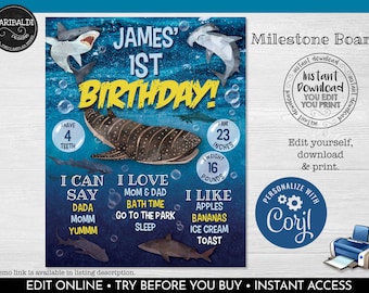 May include: A blue and yellow milestone board with a shark theme. The board features a whale shark, a hammerhead shark, and a great white shark. The text on the board reads "James' 1st Birthday!" and includes milestones such as "I have 4 teeth", "I am 23 inches", "I weigh 16 pounds", "I can say dada", "I love mom & dad", and "I like apples".