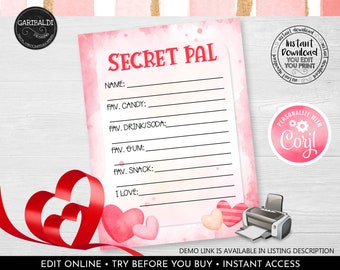 Pode incluir: Um cartão Secret Pal imprimível em aquarela rosa e branco com um design de coração. O cartão tem linhas para escrever um nome, o doce favorito, a bebida, a goma de mascar, o lanche e o que você ama. O texto "PERSONALIZAR COM Coryl" está no cartão.