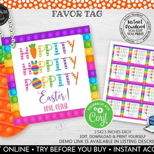 Może przedstawiać: Drukowane etykiety na prezenty wielkanocne z wzorem tęczowej zabawki pop-it z tekstem "Hoppity Hoppity Poppity Easter!" i miejscem na imię. Etykiety mają wymiary 2,5 x 2,5 cala.