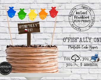 Printable Fishing Cake topper, O"fish"ally ONE Cake Topper, Fishing Party Decorations, Gone Fishing DIY Cake Bunting, Fishing Birthday