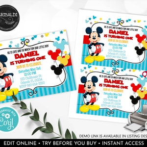 Editable Mickey Mouse Invitation Boy First Birthday Printable ...