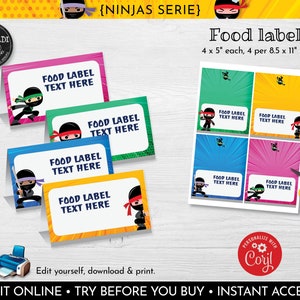 Editable Ninja Food Labels Instant download Food Tags Printable Buffet Tent Card Place Cards Template Ninja Birthday Party Supplies NJA