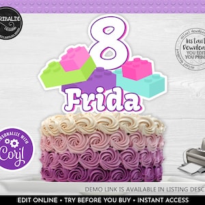 Editable Building Blocks Cake Topper, Printable Girl Building Blocks Centerpieces, Instant download Building Blocks Party Decorations BKG