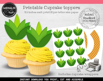 Pineapple Cupcake Toppers, Luau Cupcake Toppers, Hawaiian Cupcake Toppers, Pineapple Cupcake Wrappers, Luau Printable Birthday Party