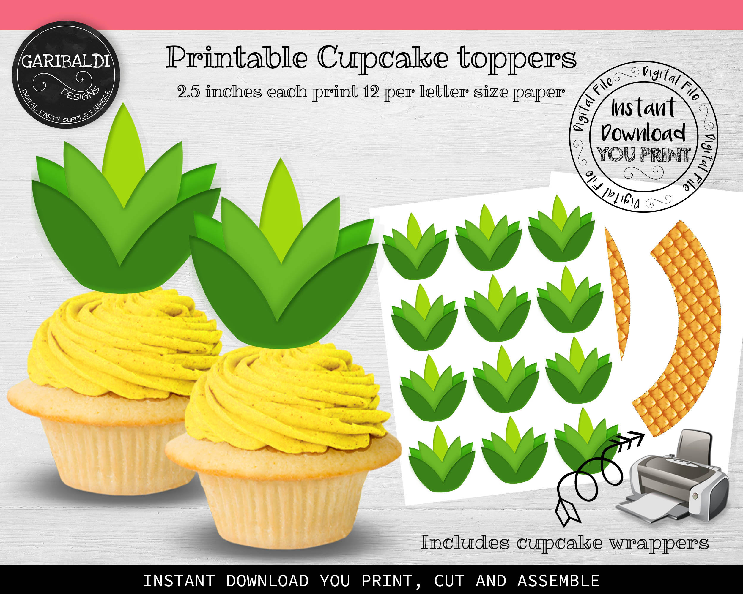 Pineapple Cupcake Toppers Luau Cupcake Toppers Hawaiian Cupcake Toppers Pineapple Cupcake Wrappers Luau Printable Birthday