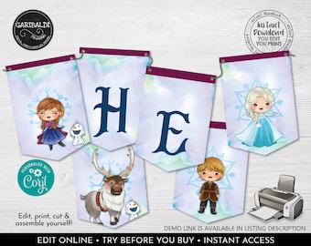 Editable Frozen Pennant Banner Printable Frozen Bunting Banner Snow Queen Birthday Party Decorations Winter Princess Party Supplies 1 FRZ