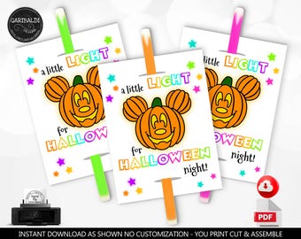 Halloween Glow Stick Gift Tag Halloween Light Gift Night Light Glow Stick Holder Printable Card Halloween Class Favor Tag Mickey Pumpkin HW