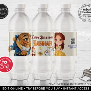 Editable Beauty and the Beast Water Bottle Labels Princess Birthday Party Decorations Instant download Beauty and the Beast Party Favors BB