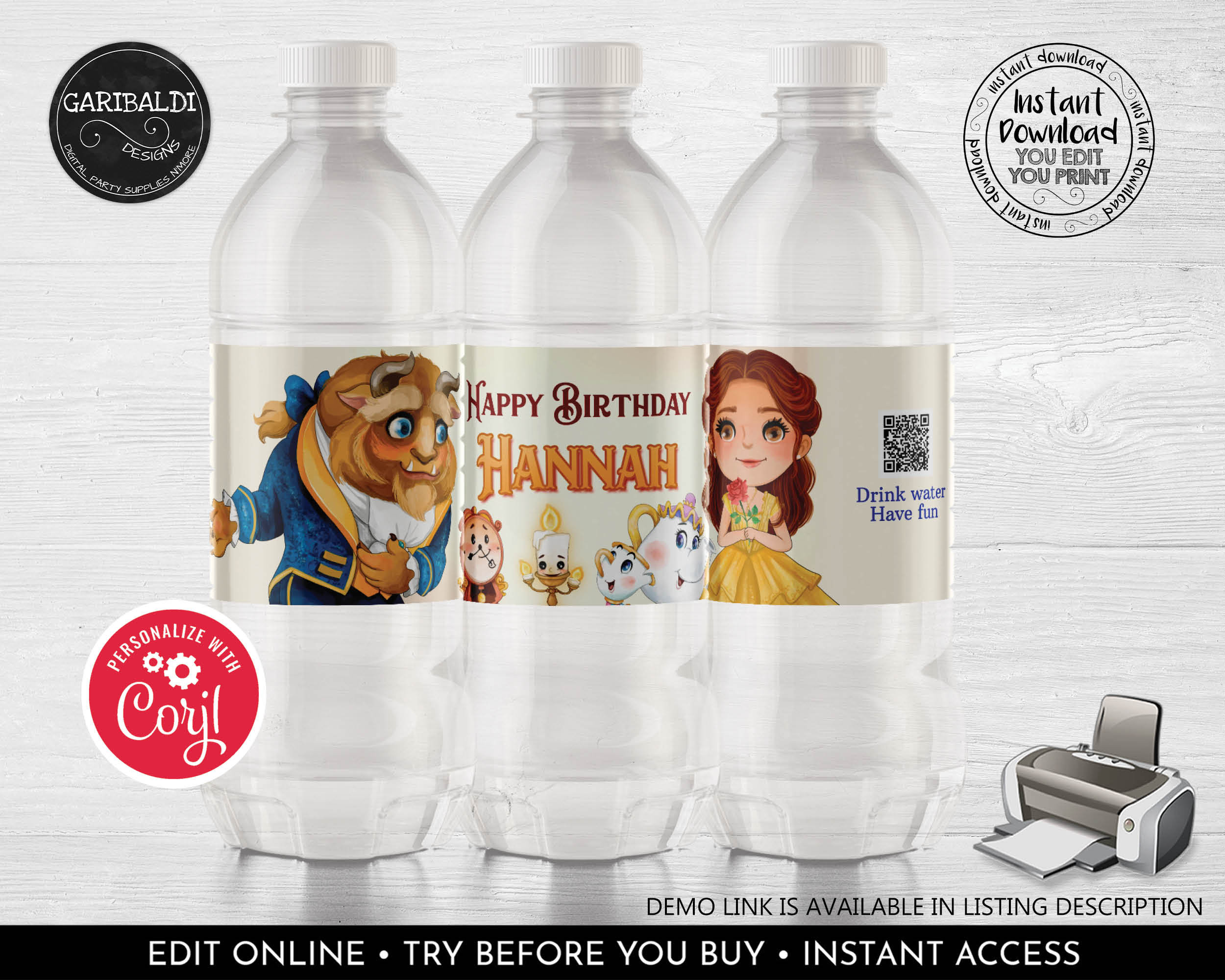 Editable Beauty and the Beast Water Bottle Labels Princess Birthday ...