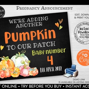 Fall Pregnancy Announcement Another Pumpkin Baby Sign New Pumpkin Patch Photo Prop Poster Autumn Pregnancy Chalkboard Reveal Board TF PA