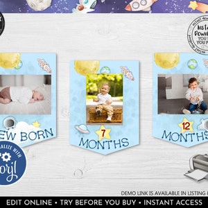 Editable Outer Space Birthday Banner First Year Monthly Photo Banner First Trip Around Sun Astronaut Download Corjl Template Printable AOS