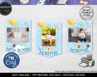Editable Outer Space Birthday Banner First Year Monthly Photo Banner First Trip Around Sun Astronaut Download Corjl Template Printable AOS