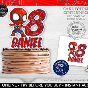Superhero Spider Cake Topper, Editable Spider Cake topper, Printable Superhero Centerpiece, Spider Hero Birthday Party decorations SHAV SHS