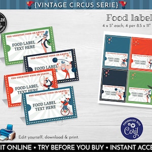 Editable Circus Food Labels Instant Download Circus Tent Cards Carnival Buffet Cards Circus Place Cards Circus Birthday Party Supplies VC01