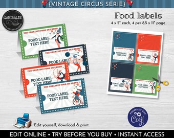 Editable Circus Food Labels Instant Download Circus Tent Cards Carnival Buffet Cards Circus Place Cards Circus Birthday Party Supplies VC01