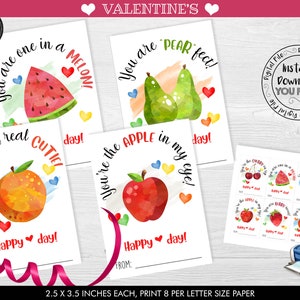 Afdrukbare Fruit Valentijnskaarten, Valentijnskaarten voor kinderen, DIY School Valentijnskaarten, Klasse Valentijnsdagkaarten, Fruit Valentijnsdag VL