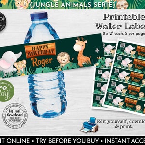 Editable Safari Water Labels Party Animals Water Labels Template Instant Download Jungle Birthday Party Supplies Printable Party Animals SJA