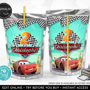 Editable Racing Cars Juice Pouch Labels Radiator Springs Favor tags Cars Birthday Decor Party Supplies Printable Digital Download Corjl DCR