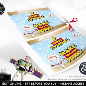 May include: A printable bag topper template featuring a light blue background with white clouds, a cartoon spork character, and text that reads "THOMAS TURNS 2" and "MAKE YOUR OWN FORKY". The design includes a red pair of scissors and a Buzz Lightyear figure.