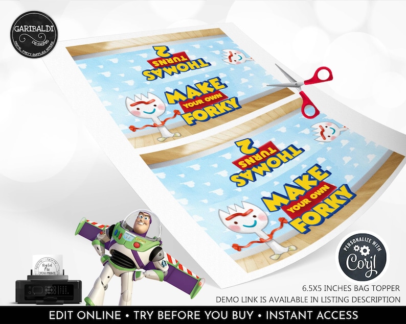 May include: A printable bag topper template featuring a light blue background with white clouds, a cartoon spork character, and text that reads "THOMAS TURNS 2" and "MAKE YOUR OWN FORKY". The design includes a red pair of scissors and a Buzz Lightyear figure.