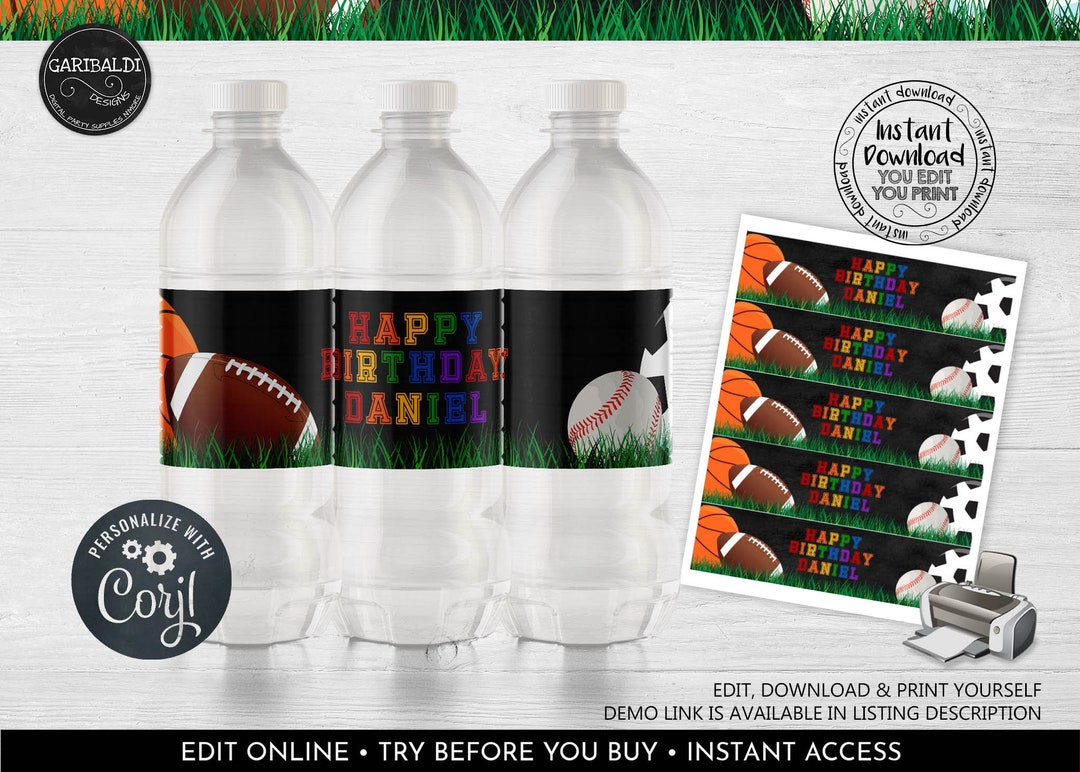 Editable Sports Water Bottle Labels, All Star Printable Water Labels, Sprots Birthday Party