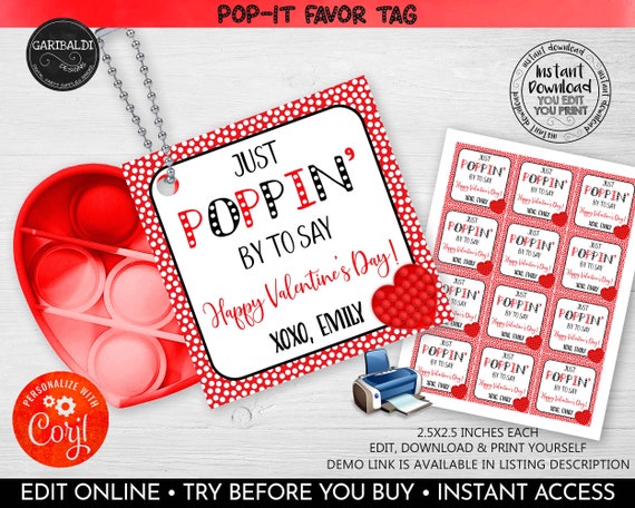 Editable Valentine's Pop It Fidget Gift Tags Valentines