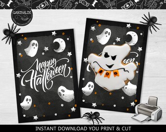 Tarjeta de galletas de Halloween imprimible, soporte de galletas fantasma imprimible, etiqueta de galletas de Feliz Halloween de descarga instantánea, mini tarjeta de galletas de 8,9 x 12,7 cm (HW)