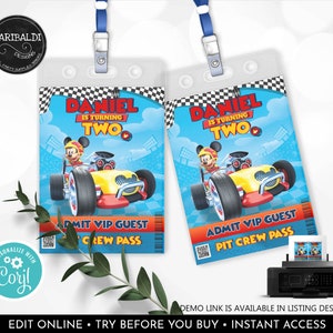 Editable Mickey Roadster Racers Pit Crew Pass Tag Racing Cars VIP Passes Race Cars Birthday Party Favor Tags Printable Corjl Template MRRP