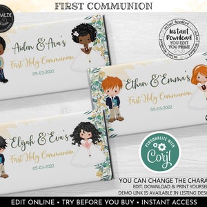 Può includere: Tre involucri di barretta di cioccolato stampabili con un design floreale. Ogni involucro presenta un bambino e una bambina diversi vestiti con abiti da Prima Comunione. Il testo sugli involucri recita "Aiden & Ava's First Holy Communion 05-03-2022", "Ethan & Emma's First Holy Communion 05-03-2022" e "Elijah & Eva's First Holy Communion 05-03-2022".