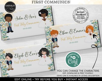 Puede incluir: Tres envoltorios de barra de chocolate imprimibles con un diseño floral. Cada envoltorio presenta un niño y una niña diferentes vestidos con atuendo de Primera Comunión. El texto en los envoltorios dice "Aiden & Ava's First Holy Communion 05-03-2022", "Ethan & Emma's First Holy Communion 05-03-2022" y "Elijah & Eva's First Holy Communion 05-03-2022".