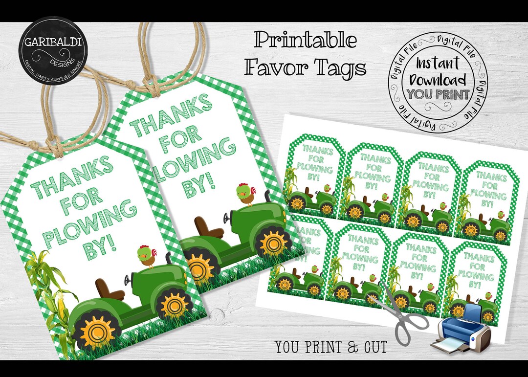 Printable Farm Favor Tags, Green Tractor Farm Tags, Farm Thank You Tags ...