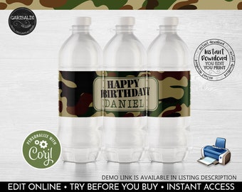 Editable Army Water Bottle Labels Printable Camouflage Water Labels Soldier Birthday Party Supplies Camouflage Party Decorations SA