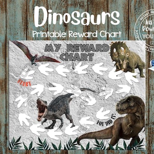May include: A printable dinosaur reward chart with a gray background and white dinosaur footprints. The chart features the text "My Reward Chart" and includes images of dinosaurs, including a T-Rex, a Triceratops, and a Pterodactyl.