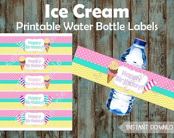 Printable Ice Cream Water Bottle Labels, Ice Cream Water Labels, Ice Cream Birthday Party Decorations, Ice Cream Themed Party Supplies