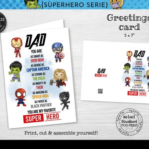 Instant download Vaderdagkaart, Superheld Vaderdagkaart, Super Dad Printable Gift Card, Vaderdag Super Hero Wenskaart FTHD