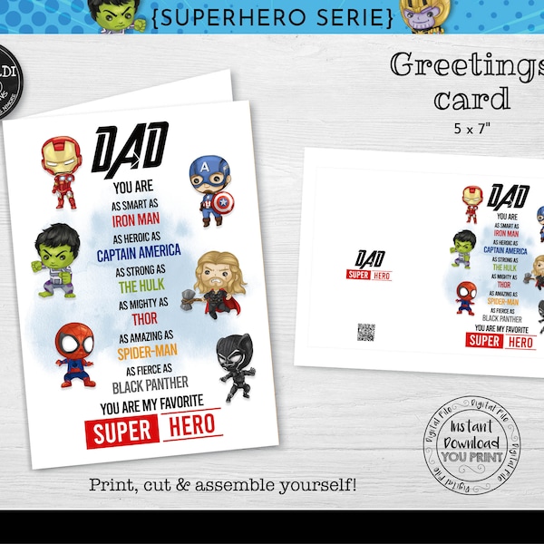 Instant download Father's Day card, Superhero Fathers day Card, Super Dad Printable Gift Card, Father's Day Super Hero Greeting Card FTHD