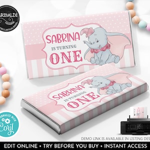 Editable Dumbo Candy Bar Wrapper Pink Elephant Baby Shower Chocolate Bar Label Party Decor Digital Download Printable Corjl Template GDP