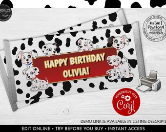 Editable Dalmatians Candy Bar Wrapper, Instant Download Dog Pawty Chocolate Bar Wrapper, Puppy Party Supplies, Dalmatians Party Favors DAL