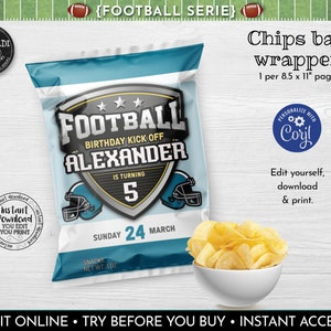 Editable Football Chip Bag Wrapper, Printable Football Potato Chip Bag Wrapper Template, Instant download Football Party Favors 2 FBL