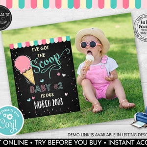 Editable Ice cream Baby Number 2 Pregnancy Announcement Pintable Pregnancy Announcement Sign Instant Download Baby Pregnancy Phot Prop PA